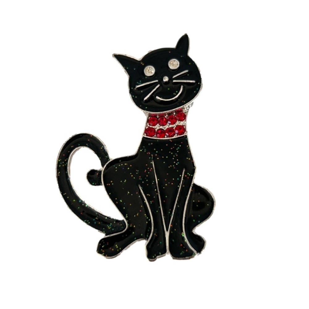 Black Cat with Pink Collar Brooch